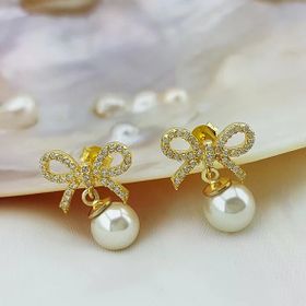 VAOOV 925 Ayar Gümüş Kurdeleli Gold İnci Küpe