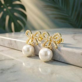 VAOOV 925 Ayar Gümüş Kurdeleli Gold İnci Küpe