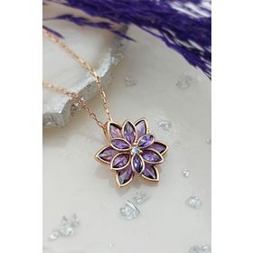 Vaoov 925 Ayar Gümüş Mor Taşlı Lotus Çiçeği Kolye