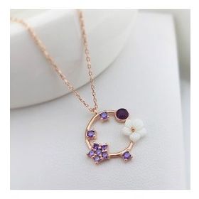 Vaoov 925 Ayar Gümüş Mor Taşlı Sedef Çiçekli Kolye