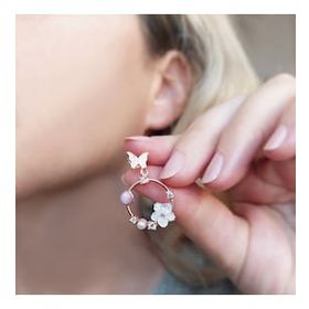 VAOOV 925 Ayar Gümüş Pembe Taşlı Sedef Çiçekli Kelebek Küpe