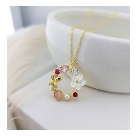 Vaoov 925 Ayar Gümüş Pembe Taşlı Sedef Çiçekli Kolye