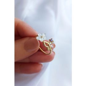 VAOOV 925 Ayar Gümüş Taşlı Sedef Çiçekli Yüzük