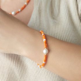 VAOOV 925 Ayar Gümüş Turuncu Sedef Taşlı İncili Bileklik