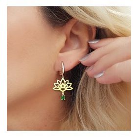 VAOOV 925 Ayar Gümüş Yeşil Damla Taşlı Lotus Çiçeği Küpe