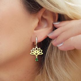 VAOOV 925 Ayar Gümüş Yeşil Damla Taşlı Lotus Çiçeği Küpe
