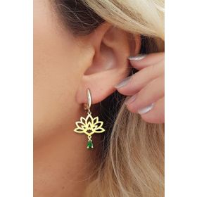 VAOOV 925 Ayar Gümüş Yeşil Damla Taşlı Lotus Çiçeği Küpe