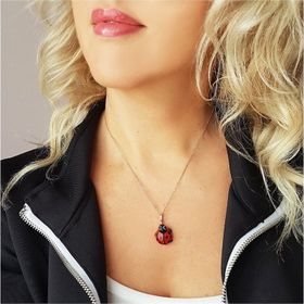 Vaoov El Yapımı Murano Camı Uğur Böceği Gümüş Kolye