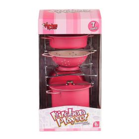 Vardem Oyuncak ATF-683G-6 Raflı Pembe Emaye 7 Parça Tencere Tava Seti