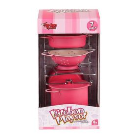 Vardem Oyuncak ATF-683G-6 Raflı Pembe Emaye 7 Parça Tencere Tava Seti