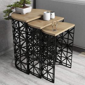 Variant Stil Metal Ferforje Meşe 3'lü Zigon Sehpa