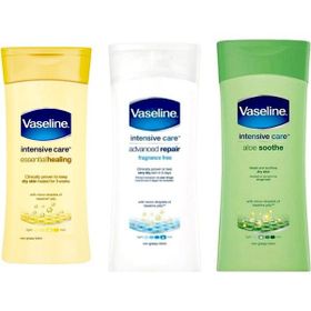 Vaseline Aloe Vera 200 ml Vücut Losyonu + Temel Onarım 200 ml Vücut Losyonu + Gelişmiş Onarım 200 ml Vücut Losyonu