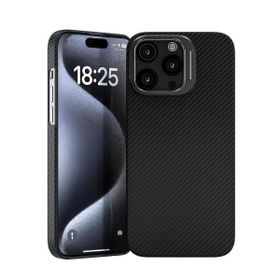 Vendas Apple iPhone 15 Pro Max Magsafe Şarj Özellikli 600D Kevlar Zore Krek Karbon Standlı Kapak Cep Telefonu Kılıfı