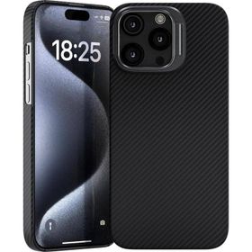 Vendas Apple iPhone 15 Pro Max Magsafe Şarj Özellikli 600D Kevlar Zore Krek Karbon Standlı Kapak Cep Telefonu Kılıfı