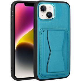 Vendas iPhone 14 Plus Uyumlu Kartlıklı Standlı Silikon Kenarlı Metal Kamera çerçeveli Pu Deri Kılıf