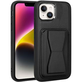 Vendas iPhone 14 Plus Uyumlu Kartlıklı Standlı Silikon Kenarlı Metal Kamera çerçeveli Pu Deri Kılıf