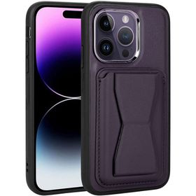 Vendas iPhone 14 Pro Uyumlu Kartlıklı Standlı Silikon Kenarlı Metal Kamera çerçeveli Pu Deri Kılıf
