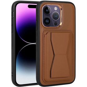 Vendas iPhone 14 Pro Uyumlu Kartlıklı Standlı Silikon Kenarlı Metal Kamera çerçeveli Pu Deri Kılıf
