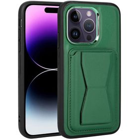 Vendas iPhone 14 Pro Uyumlu Kartlıklı Standlı Silikon Kenarlı Metal Kamera çerçeveli Pu Deri Kılıf