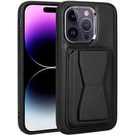 Vendas iPhone 14 Pro Uyumlu Kartlıklı Standlı Silikon Kenarlı Metal Kamera çerçeveli Pu Deri Kılıf
