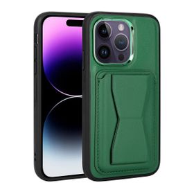Vendas iPhone 14 Pro Uyumlu Kartlıklı Standlı Silikon Kenarlı Metal Kamera çerçeveli Pu Deri Kılıf
