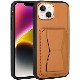 Vendas iPhone 14 Uyumlu Kartlıklı Standlı Silikon Kenarlı Metal Kamera çerçeveli Pu Deri Kılıf