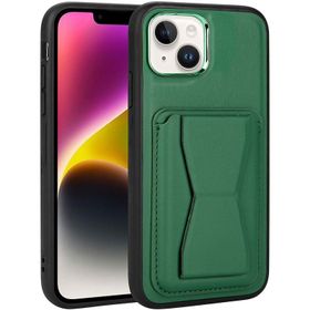 Vendas iPhone 14 Uyumlu Kartlıklı Standlı Silikon Kenarlı Metal Kamera çerçeveli Pu Deri Kılıf