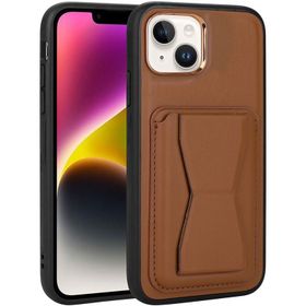 Vendas iPhone 14 Uyumlu Kartlıklı Standlı Silikon Kenarlı Metal Kamera çerçeveli Pu Deri Kılıf