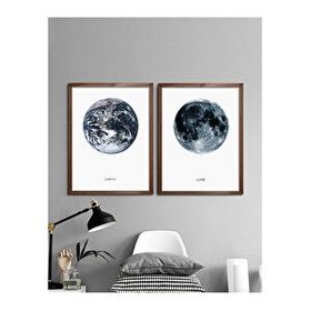 Vetro Design Dünya ve Ay 30x40 cm Ceviz Çerçeveli Tablo Seti