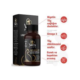 Vet's Plus 100 ml Anti-Hair Loss Kediler İçin Sıvı Tüy Sağlığı Güçlendirici Biyotin Damla