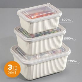 Vienev 1750-1050-600 ml Bej 1X 3'lü VIP Dikdörtgen Mikrodalga ve Difrize Uygun Saklama Kabı Seti