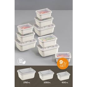 Vienev 1750-1050-600 ml Bej 3X 9'lu VIP Dikdörtgen Mikrodalga ve Difrize Uygun Saklama Kabı Seti