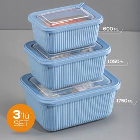 Vienev 1750-1050-600 ml Mavi 1X 3'lü VIP Dikdörtgen Mikrodalga ve Difrize Uygun Saklama Kabı Seti