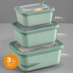 Vienev 1750-1050-600 ml Yeşil 1X 3'lü VIP Dikdörtgen Mikrodalga ve Difrize Uygun Saklama Kabı Seti