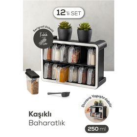 Vienev 250 ml Siyah Beyaz Serigrafi Etiketli 12'li Standlı Kendinden Yapışkanlı Kaşıklı Baharatlık Seti