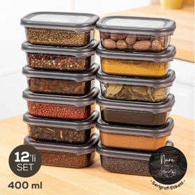 Vienev 400 ml Antrasit Beyaz Serigrafi Etiketli 12'li Peggy Dikdörtgen Baharat Saklama Kabı Seti