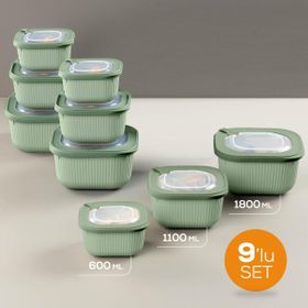 Vienev 600-1100-1800 ml Yeşil 9'lu 3X Mikrodalga ve Difrize Uygun VIP Kapaklı Özel Saklama Kabı Seti