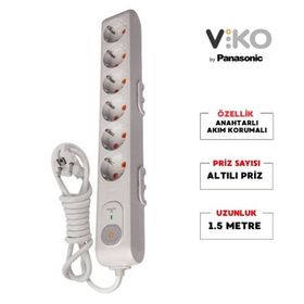 Viko 1.5 mt 282J Akım Korumalı Anahtarlı Çocuk Korumalı 6'lı Çoklu Priz