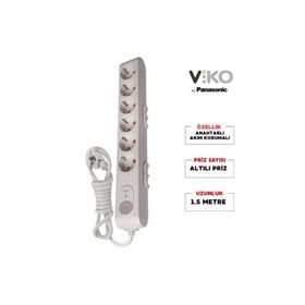 Viko 1.5 mt 282J Akım Korumalı Anahtarlı Çocuk Korumalı 6'lı Çoklu Priz
