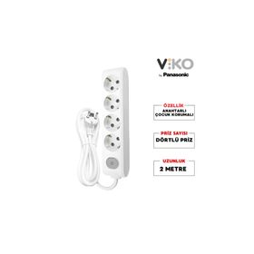 Viko 2 mt Beyaz Anahtarlı Uzatma Kablosu 4'lü Çoklu Priz