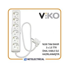 Viko 6'lı Topraklı 2 m Beyaz Kablolu Priz