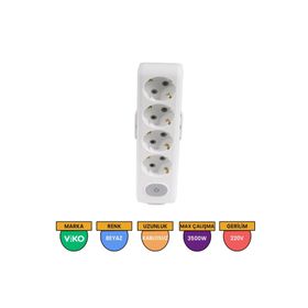 Viko 90117400 Multi-Led Anahtarlı Topraklı Çocuk Korumalı Klemensli BeyazDörtlü Grup Priz