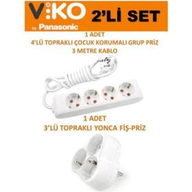 Viko Beyaz Set Multi-Let 3'lü Topraklı Çocuk Korumalı Grup Priz 3 Metre Kablo & 3'lü Yonca Fiş-Priz