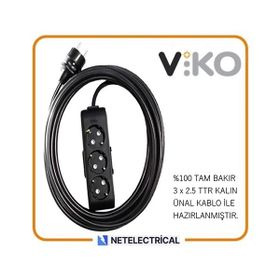 Viko Multi-Let 3'lü 3x2.5 12 m Öznur Kablo Tam Bakır Topraklı Çocuk Korumalı Siyah Antrasit Uzatma Grup Priz