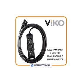 Viko Multi-Let 3'lü 3x2.5 7 m Öznur Kablo Tam Bakır Topraklı Çocuk Korumalı Siyah Antrasit Uzatma Grup Priz