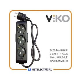 Viko Multi-Let 3'lü 3x2.5 7 m Öznur Kablo Tam Bakır Topraklı Çocuk Korumalı Siyah Antrasit Uzatma Grup Priz