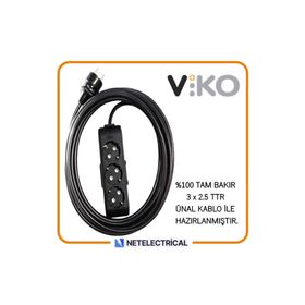 Viko Multi-Let 3'lü 3x2.5 7 m Öznur Kablo Tam Bakır Topraklı Çocuk Korumalı Siyah Antrasit Uzatma Grup Priz