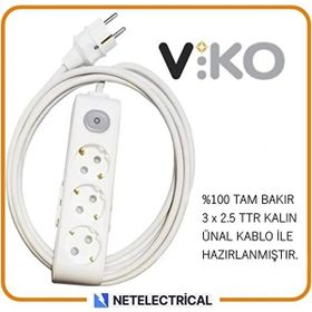 Viko Multi-Let 3'lü 3x2.5 8 m Öznur Kablo Tam Bakır Anahtarlı Topraklı Çocuk Korumalı Uzatma Grup Priz