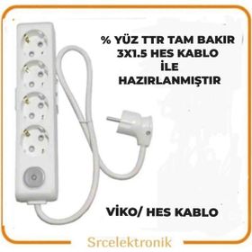 Viko Multi-Let 4'lü 3x1.5 20 m Hes Kablo Tam Bakır Anahtarlı Topraklı Çocuk Korumalı Uzatma