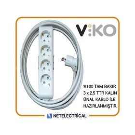 Viko Multi-Let 4'lü 3x2.5 10 m Öznur Kablo Tam Bakır Topraklı Çocuk Korumalı Uzatma Grup Priz